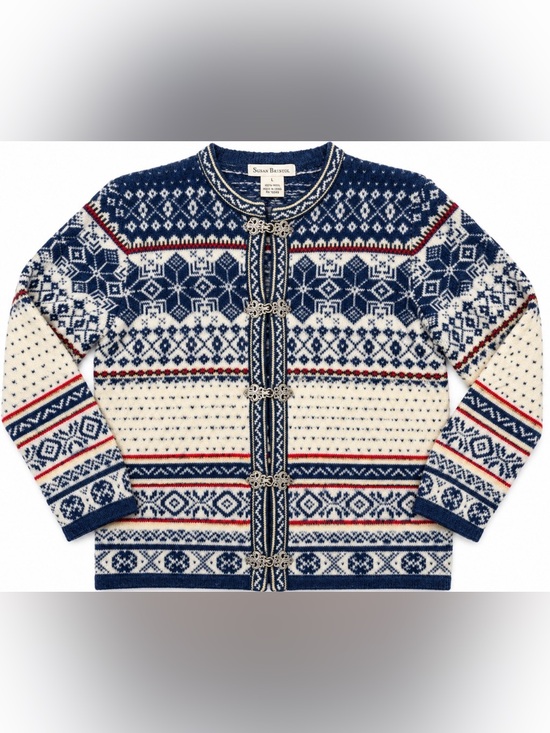 Susan Bristol Sweaters - Susan Bristol 100% Wool Fair Isle Nordic Cardigan L Metal Clasps Blue Cream